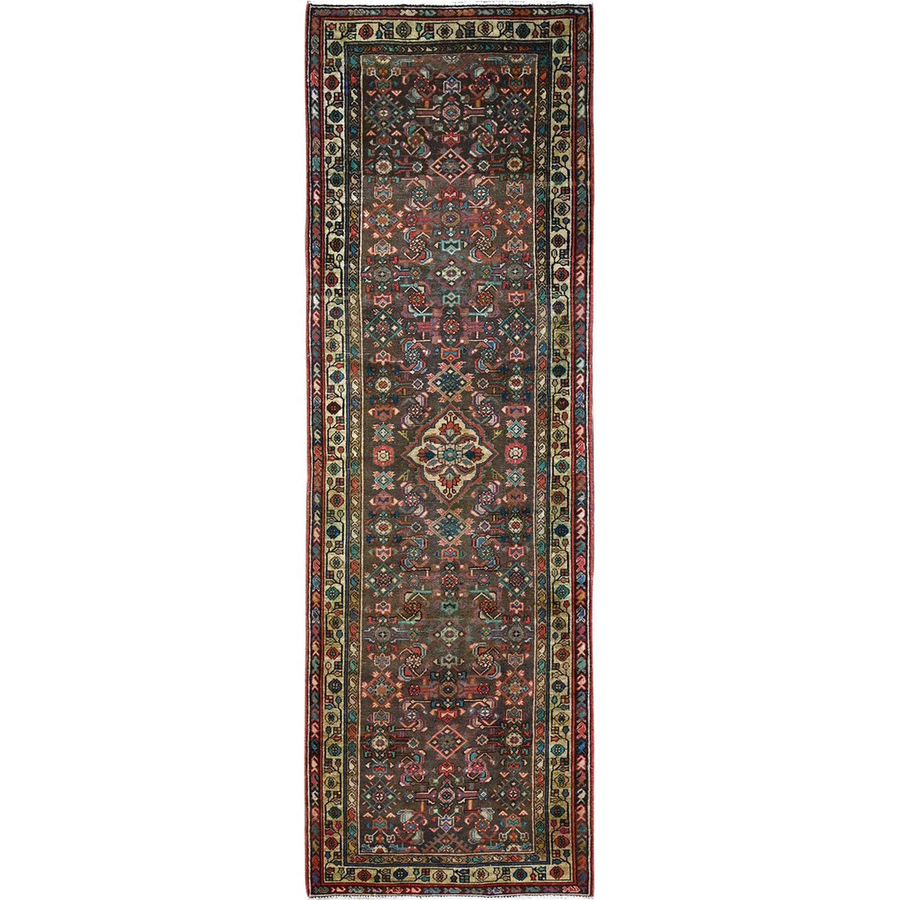 Brown 3'5" x 10'4" Overdyed & Vintage Hand knotted Wool Rug - Sku: O085985