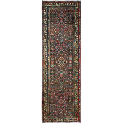 Overdyed & Vintage Wool Hand Knotted Rug Brown Beige 3.5X10.4 -O085985