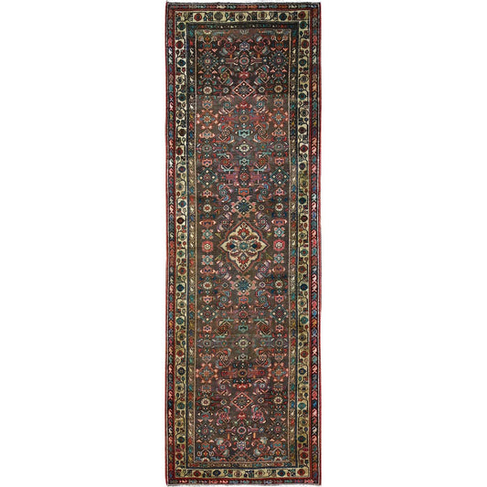 Overdyed & Vintage Wool Hand Knotted Rug Brown Beige 3.5X10.4 -O085985