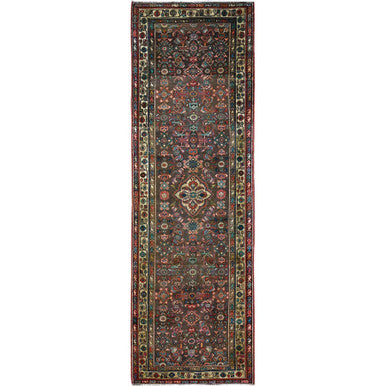 Overdyed & Vintage Wool Hand Knotted Rug Brown Beige 3.5X10.4 -O085985