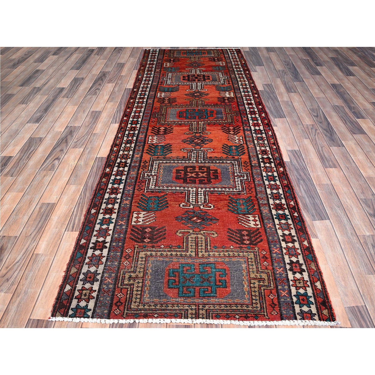 Overdyed & Vintage Wool Hand Knotted Rug Orange Ivory 3.5X9.8 -O085989