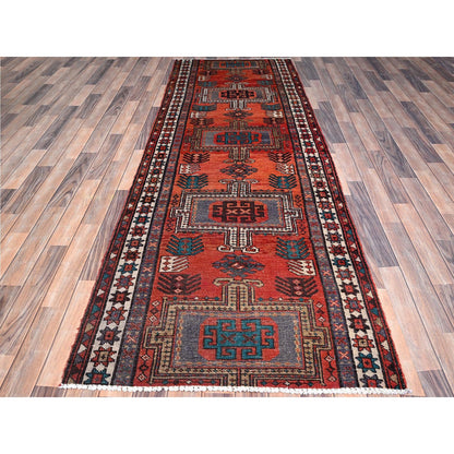 Overdyed & Vintage Wool Hand Knotted Rug Orange Ivory 3.5X9.8 -O085989