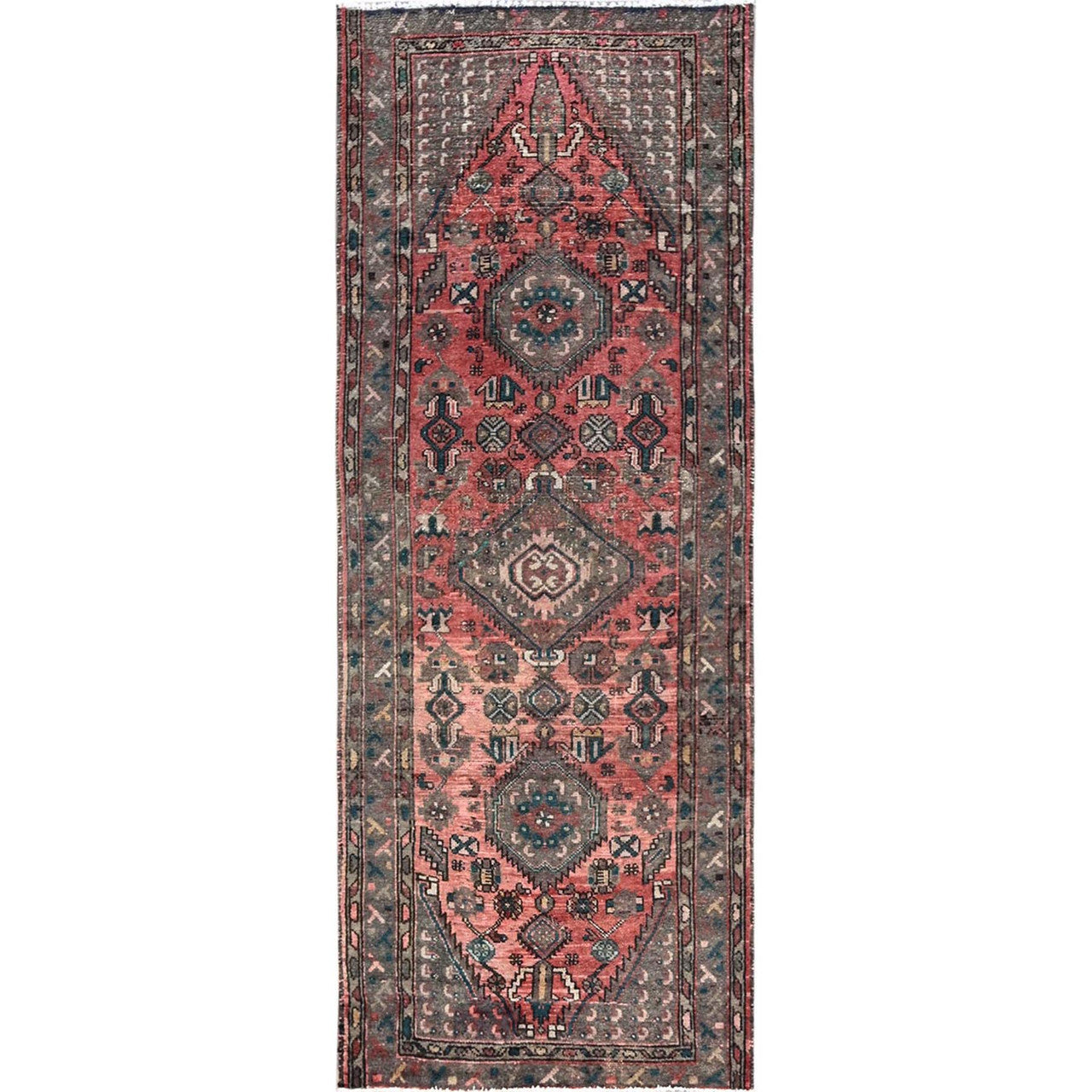 Overdyed & Vintage Wool Hand Knotted Rug Red 3.7x8.6 -O0859