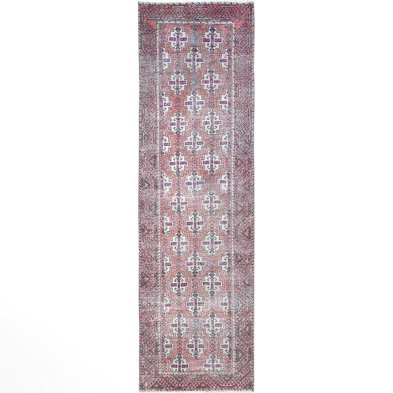 Pink 3'2" x 10'9" Overdyed & Vintage Hand knotted Wool Rug - Sku: O086007