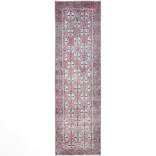 Overdyed & Vintage Wool Hand Knotted Rug Pink Coral Pink 3.2X10.9 -O086007