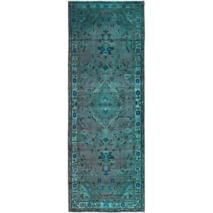 Overdyed & Vintage Wool Hand Knotted Rug Green Blue 3.5X10.1 -O086008