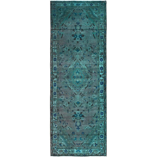 Overdyed & Vintage Wool Hand Knotted Rug Green Blue 3.5X10.1 -O086008