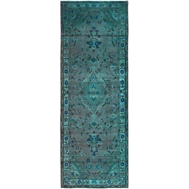 Overdyed & Vintage Wool Hand Knotted Rug Green Blue 3.5X10.1 -O086008