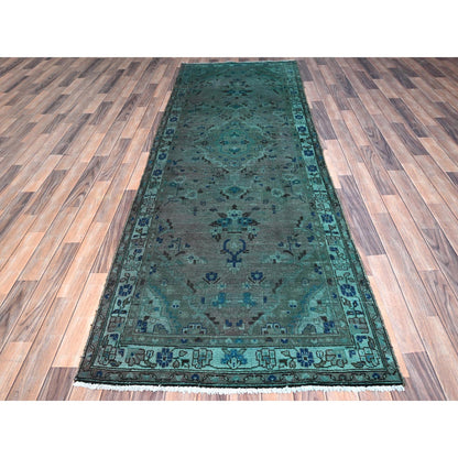 Overdyed & Vintage Wool Hand Knotted Rug Green Blue 3.5X10.1 -O086008