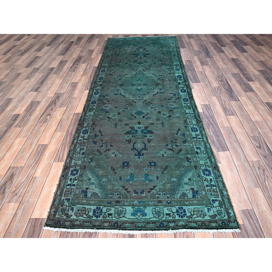 Overdyed & Vintage Wool Hand Knotted Rug Green Blue 3.5X10.1 -O086008