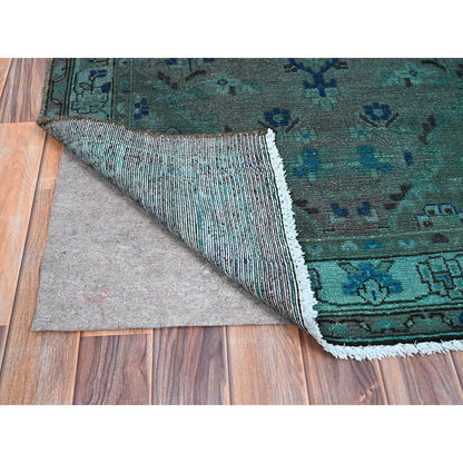 Overdyed & Vintage Wool Hand Knotted Rug Green Blue 3.5X10.1 -O086008
