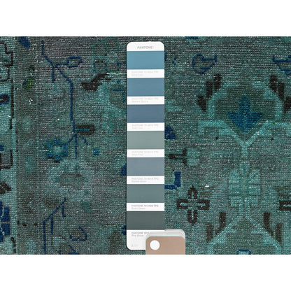 Overdyed & Vintage Wool Hand Knotted Rug Green Blue 3.5X10.1 -O086008
