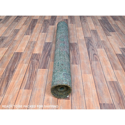 Overdyed & Vintage Wool Hand Knotted Rug Green Blue 3.5X10.1 -O086008