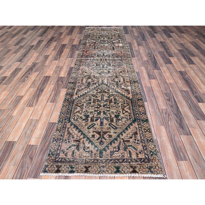 Overdyed & Vintage Wool Hand Knotted Rug Brown Beige 2.8X10.0 -O086012
