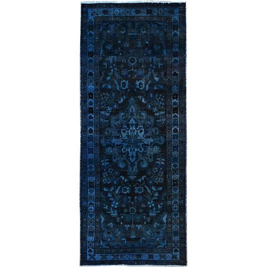 Overdyed & Vintage Wool Hand Knotted Rug Blue Blue 3.4X8.5 -O086013