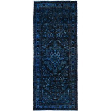 Overdyed & Vintage Wool Hand Knotted Rug Blue Blue 3.4X8.5 -O086013