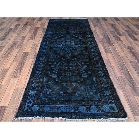 Overdyed & Vintage Wool Hand Knotted Rug Blue Blue 3.4X8.5 -O086013