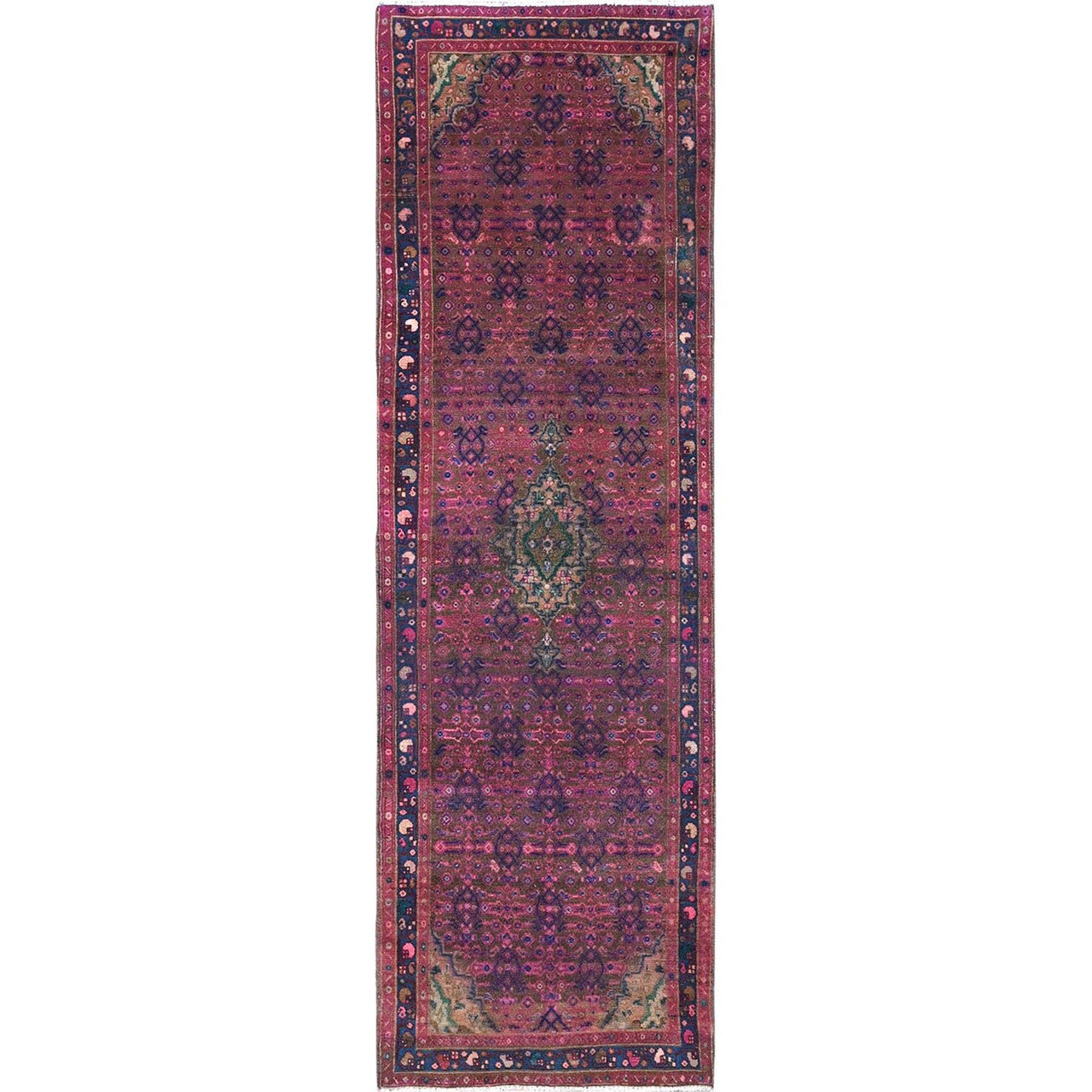 Purple 3'4" x 10'8" Overdyed & Vintage Hand knotted Wool Rug - Sku: O086015