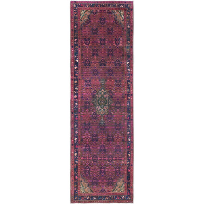 Overdyed & Vintage Wool Hand Knotted Rug Purple Blue 3.4X10.8 -O086015