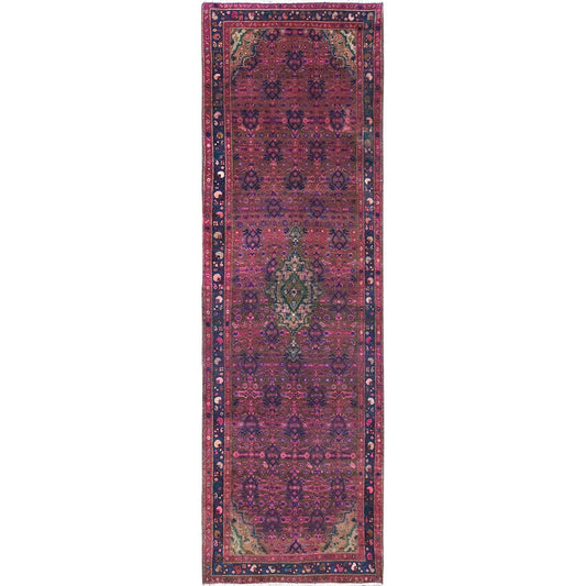 Overdyed & Vintage Wool Hand Knotted Rug Purple Blue 3.4X10.8 -O086015