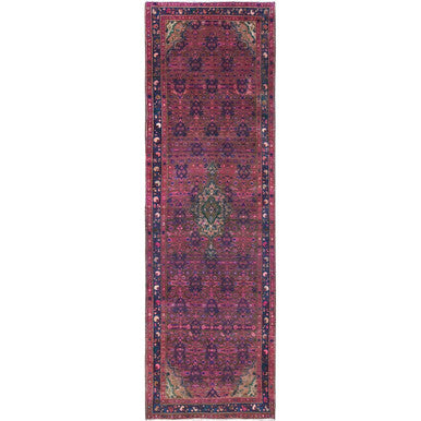 Overdyed & Vintage Wool Hand Knotted Rug Purple Blue 3.4X10.8 -O086015