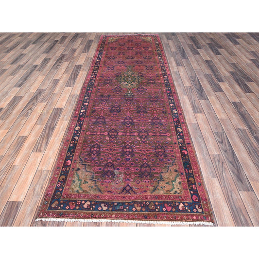 Overdyed & Vintage Wool Hand Knotted Rug Purple Blue 3.4X10.8 -O086015