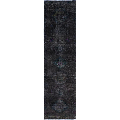 Overdyed & Vintage Wool Hand Knotted Rug Black No Border 3.2X11.11 -O086016