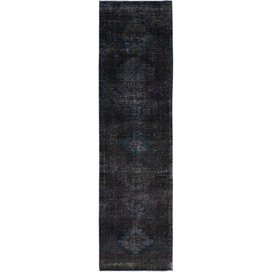 Overdyed & Vintage Wool Hand Knotted Rug Black No Border 3.2X11.11 -O086016