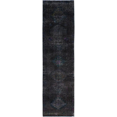 Overdyed & Vintage Wool Hand Knotted Rug Black No Border 3.2X11.11 -O086016