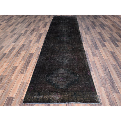 Overdyed & Vintage Wool Hand Knotted Rug Black No Border 3.2X11.11 -O086016