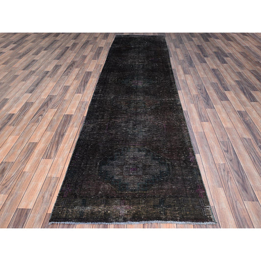 Overdyed & Vintage Wool Hand Knotted Rug Black No Border 3.2X11.11 -O086016