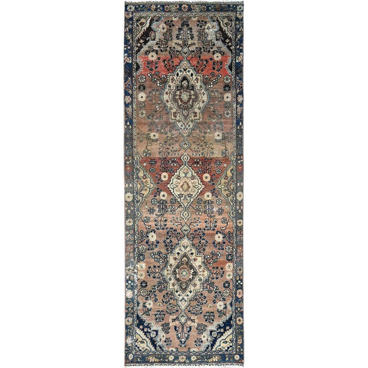 Overdyed & Vintage Wool Hand Knotted Rug Brown Blue 3.0X9.5 -O086017