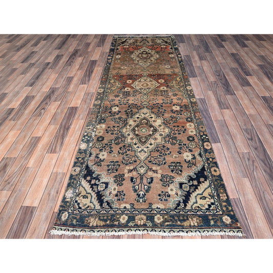 Overdyed & Vintage Wool Hand Knotted Rug Brown Blue 3.0X9.5 -O086017
