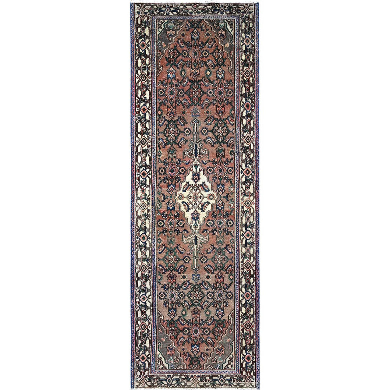 Brown 3'4" x 10'1" Overdyed & Vintage Hand knotted Wool Rug - Sku: O086020