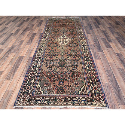 Overdyed & Vintage Wool Hand Knotted Rug Brown Ivory 3.4X10.1 -O086020