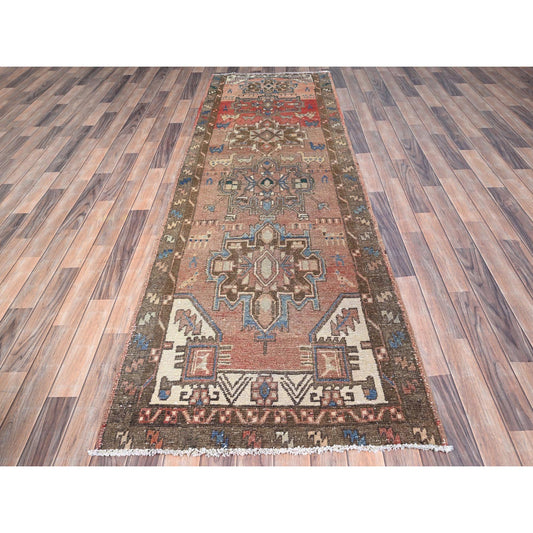 Overdyed & Vintage Wool Hand Knotted Rug Brown Brown 3.2X9.9 -O086023