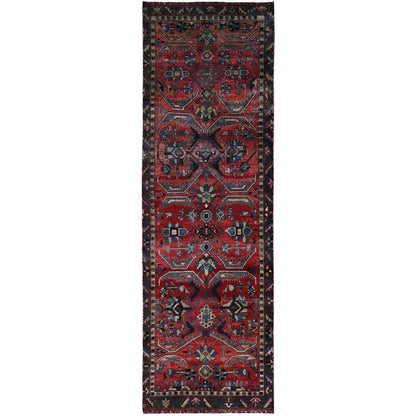 Overdyed & Vintage Wool Hand Knotted Rug Red Black 3.4X10.5 -O086024