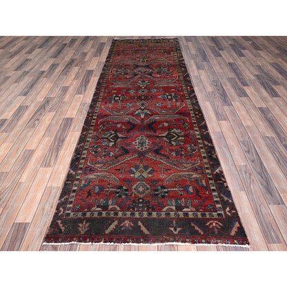 Overdyed & Vintage Wool Hand Knotted Rug Red Black 3.4X10.5 -O086024