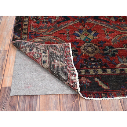 Overdyed & Vintage Wool Hand Knotted Rug Red Black 3.4X10.5 -O086024