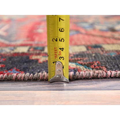 Overdyed & Vintage Wool Hand Knotted Rug Red Black 3.4X10.5 -O086024