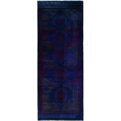 Overdyed & Vintage Wool Hand Knotted Rug Purple Blue 3.5X9.0 -O086025
