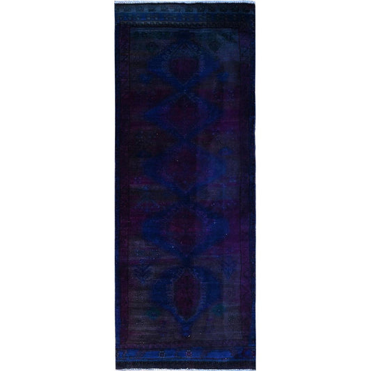 Overdyed & Vintage Wool Hand Knotted Rug Purple Blue 3.5X9.0 -O086025