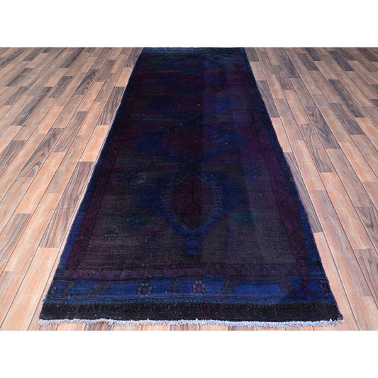 Overdyed & Vintage Wool Hand Knotted Rug Purple Blue 3.5X9.0 -O086025