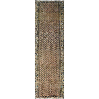 Overdyed & Vintage Wool Hand Knotted Rug Brown Brown 3.1X10.5 -O086026