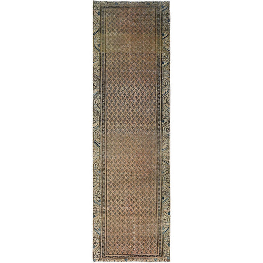 Overdyed & Vintage Wool Hand Knotted Rug Brown Brown 3.1X10.5 -O086026