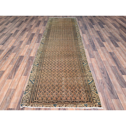 Overdyed & Vintage Wool Hand Knotted Rug Brown Brown 3.1X10.5 -O086026