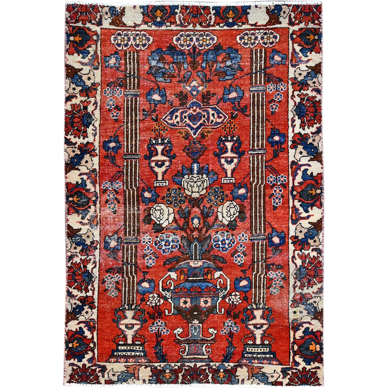 Overdyed & Vintage Wool Hand Knotted Rug Red Ivory 3.11X5.10 -O086054