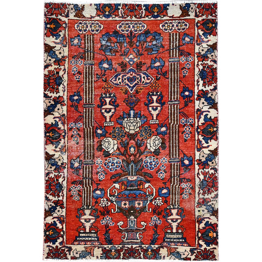 Overdyed & Vintage Wool Hand Knotted Rug Red Ivory 3.11X5.10 -O086054