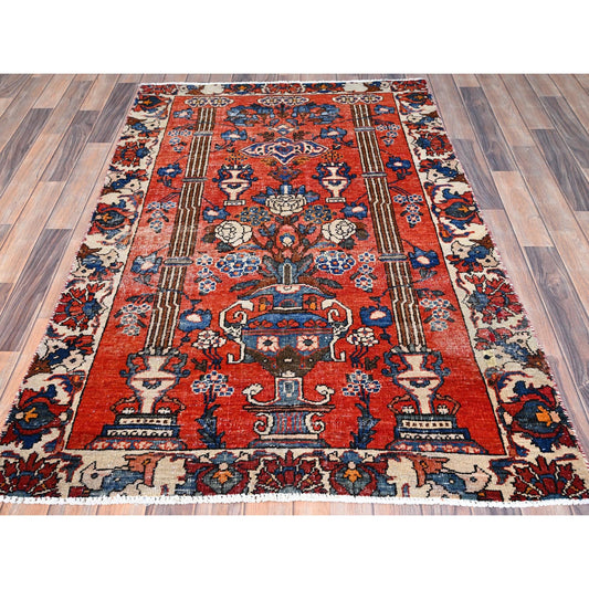 Overdyed & Vintage Wool Hand Knotted Rug Red Ivory 3.11X5.10 -O086054