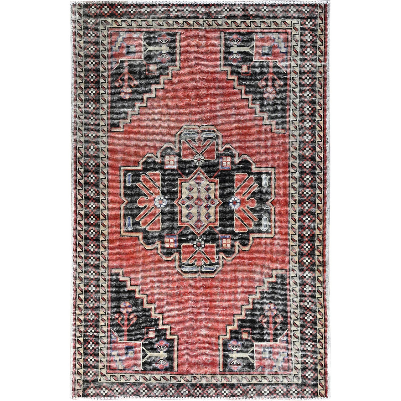 Overdyed & Vintage Wool Hand Knotted Rug Red Ivory 3.10X5.11 -O086055